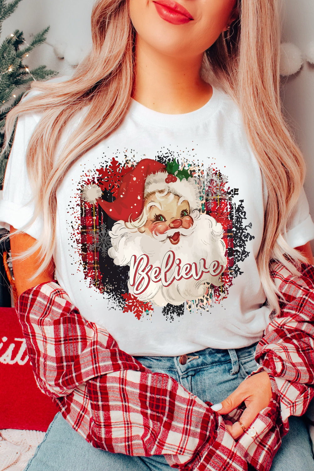 White Believe Christmas Father Graphic Crewneck T-Shirt