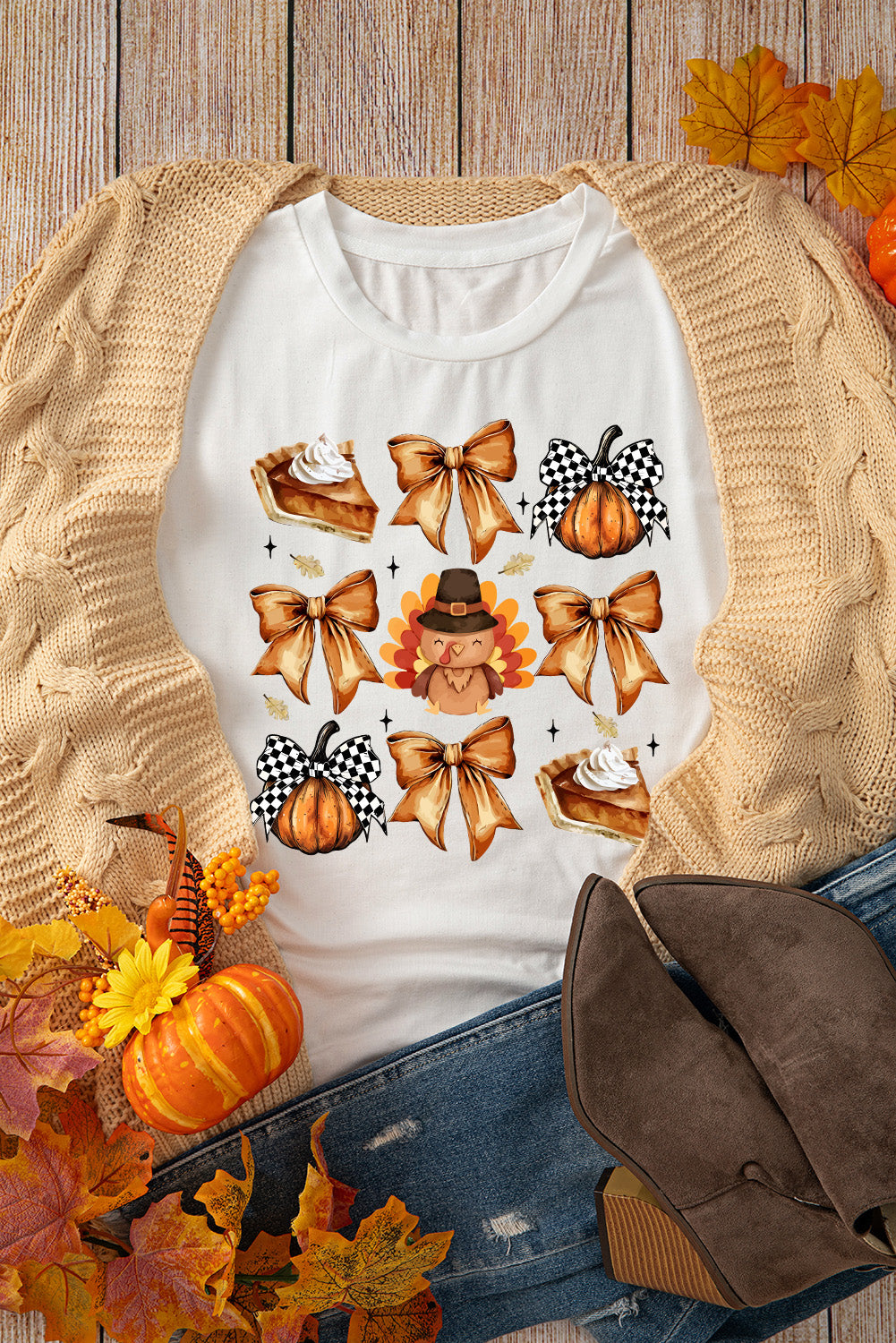 White Cute Bowknot Tanksgiving Graphic Crewneck T-Shirt