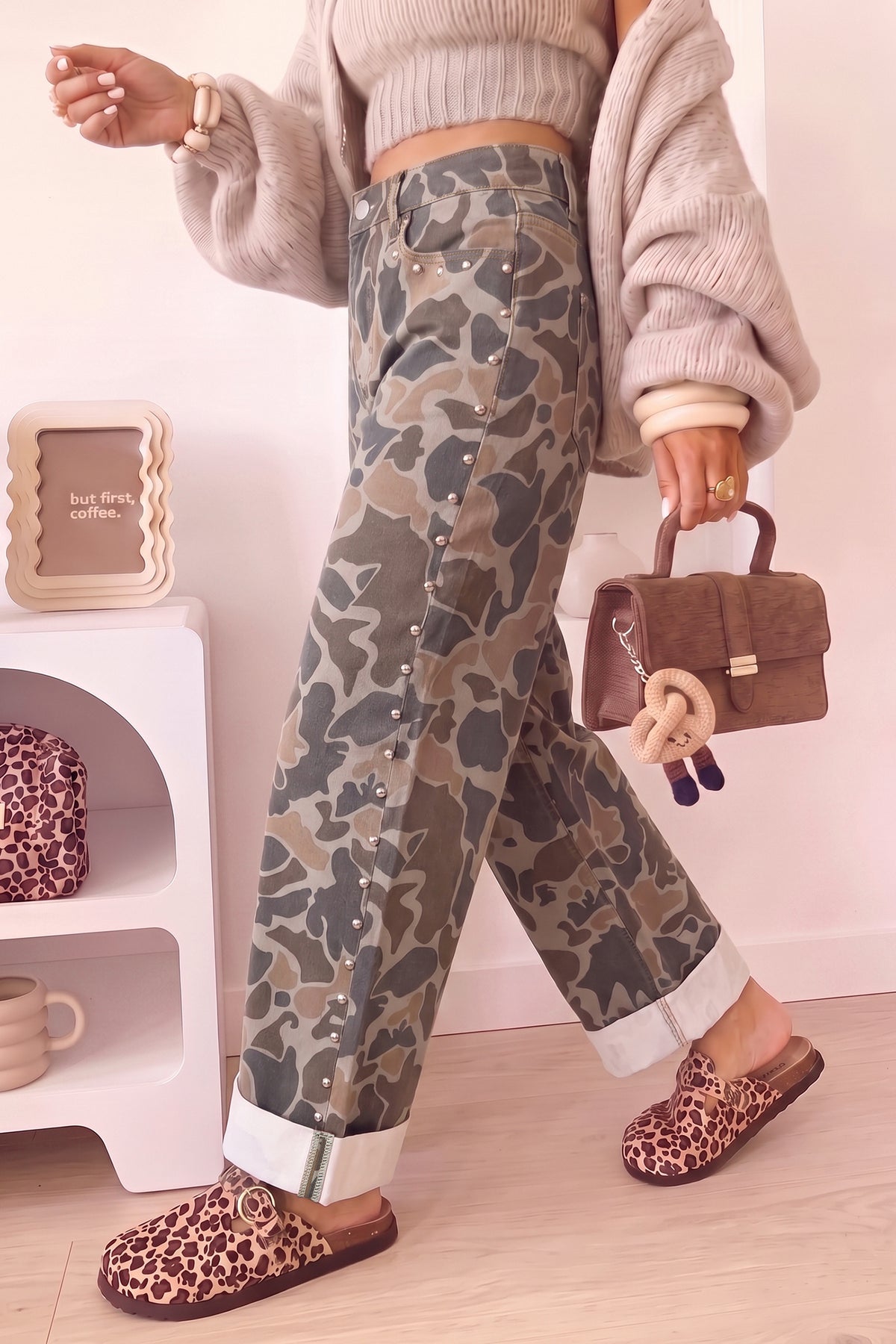 Multicolor Camo Studded Straight Leg Jeans