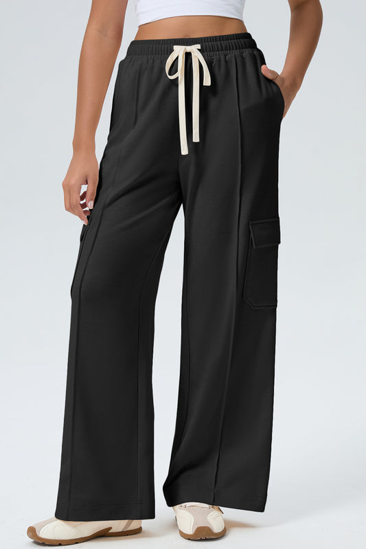 Black Solid Drawstring Elastic Waist Cargo Patch Pocket Active Pants