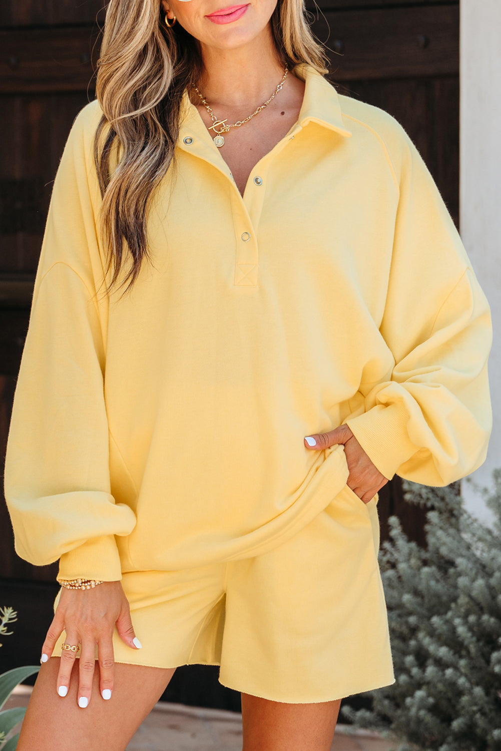 Women's Yellow Cream Button Collar Drop Shoulder Pullover and Shorts Two-Piece Outfit Set