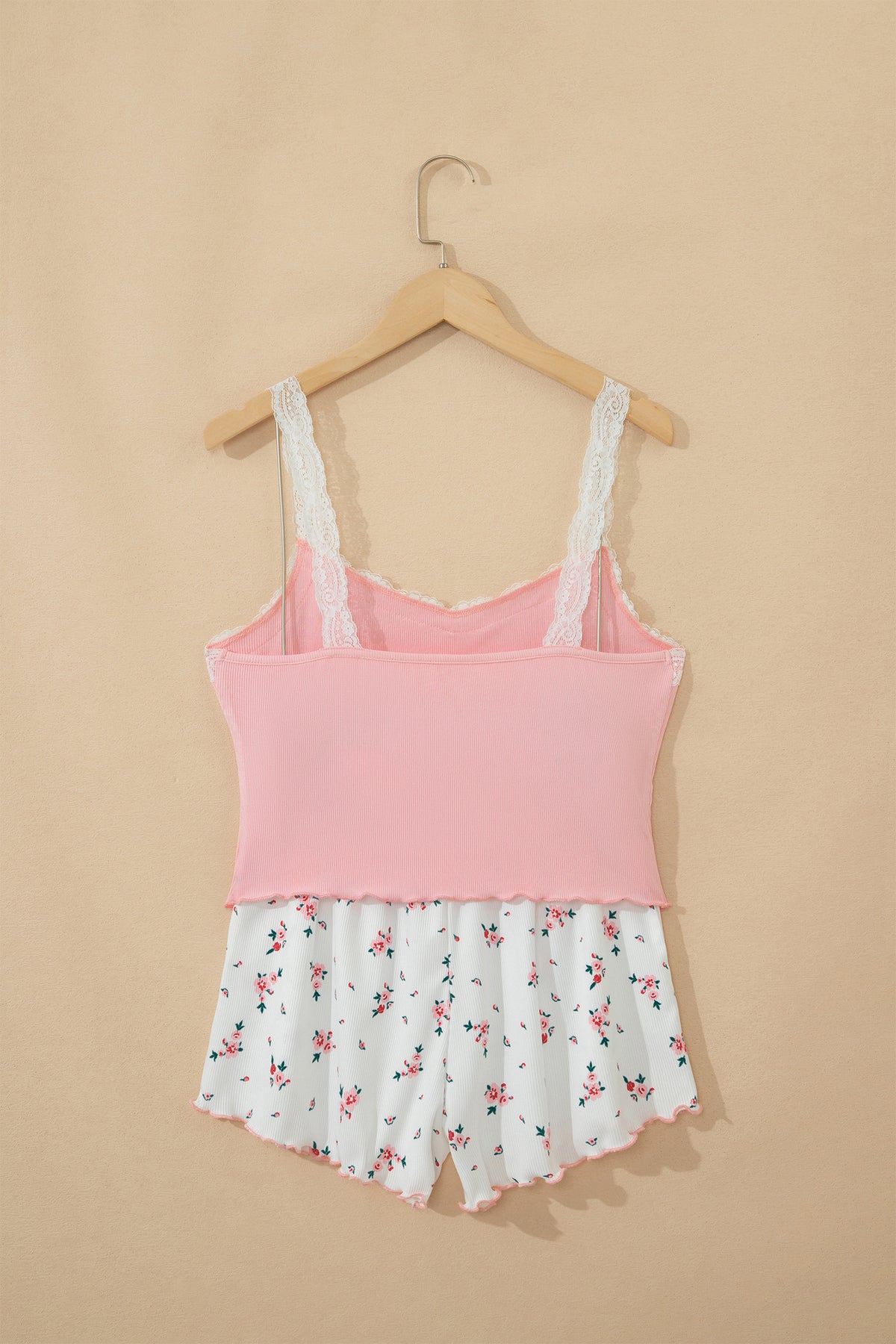 Pink Ribbed Knit Lace Strap Cropped Top and Floral Shorts Lounge Set