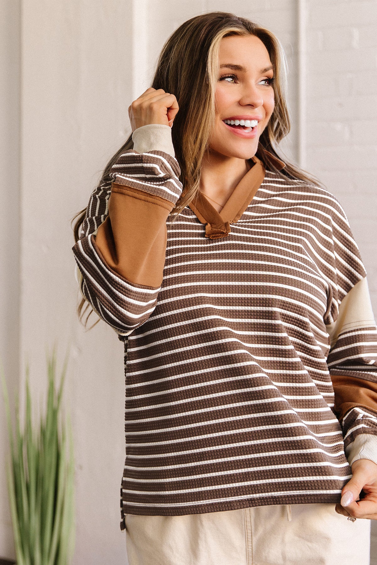 Brown Stripe Collar V Neck Color Block Pullover Top