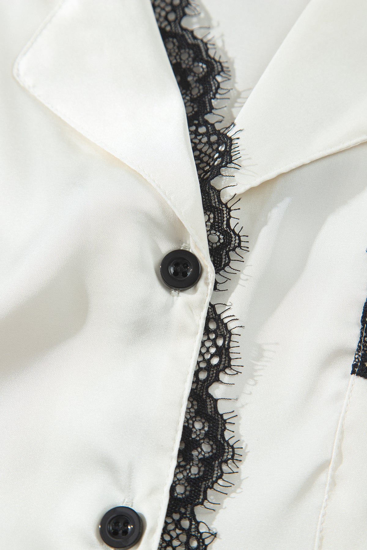 White Long Sleeve Lace Trim Button Front Pajama Set