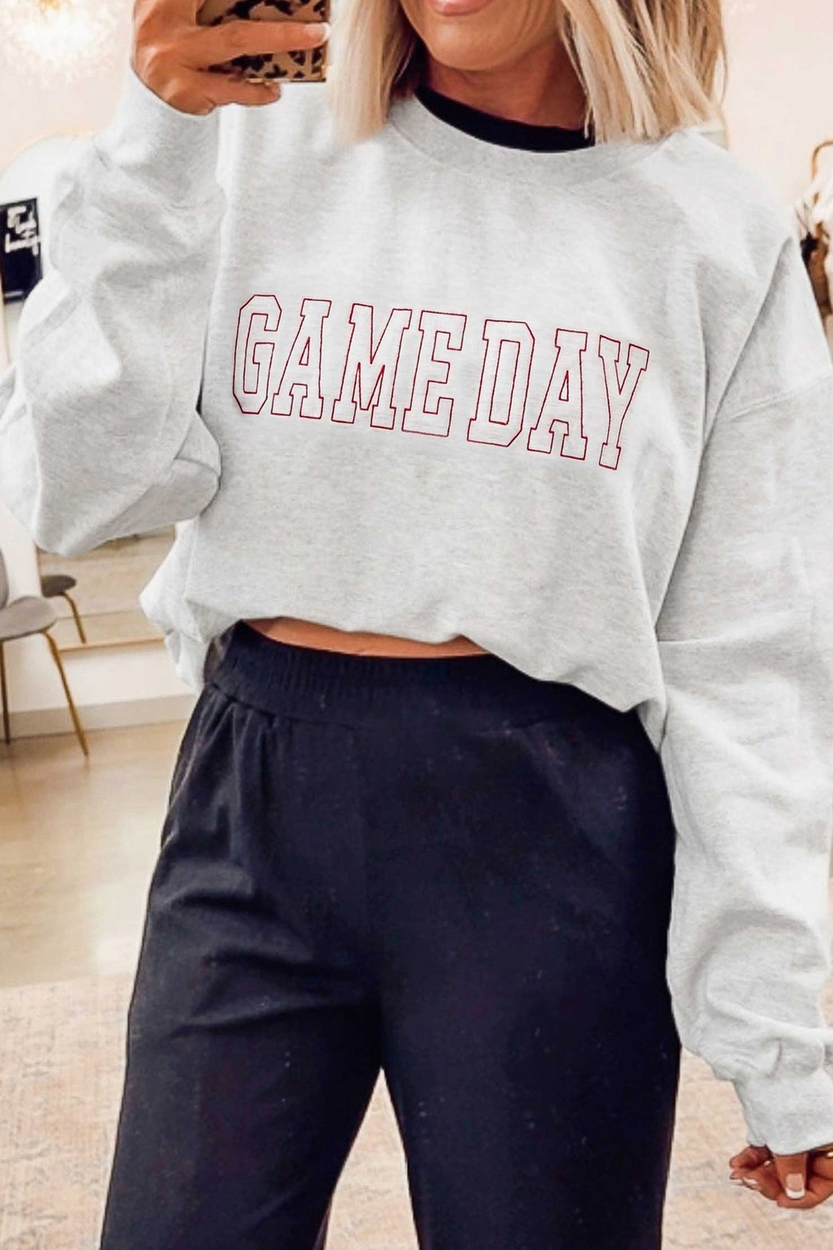 Light Grey Game Day Letter Embroidery Round Neck Sweatshirt