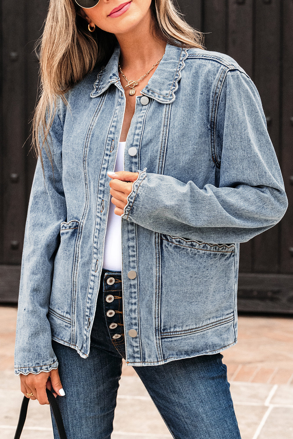 Myosotis Scallop Collar Patched Pocket Mineral Washed Denim Jacket