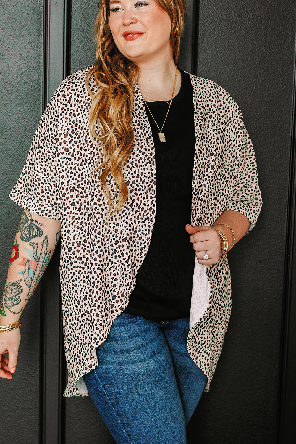 Khaki Plus Size Leopard Print Half-Sleeve Open-Front Cardigan