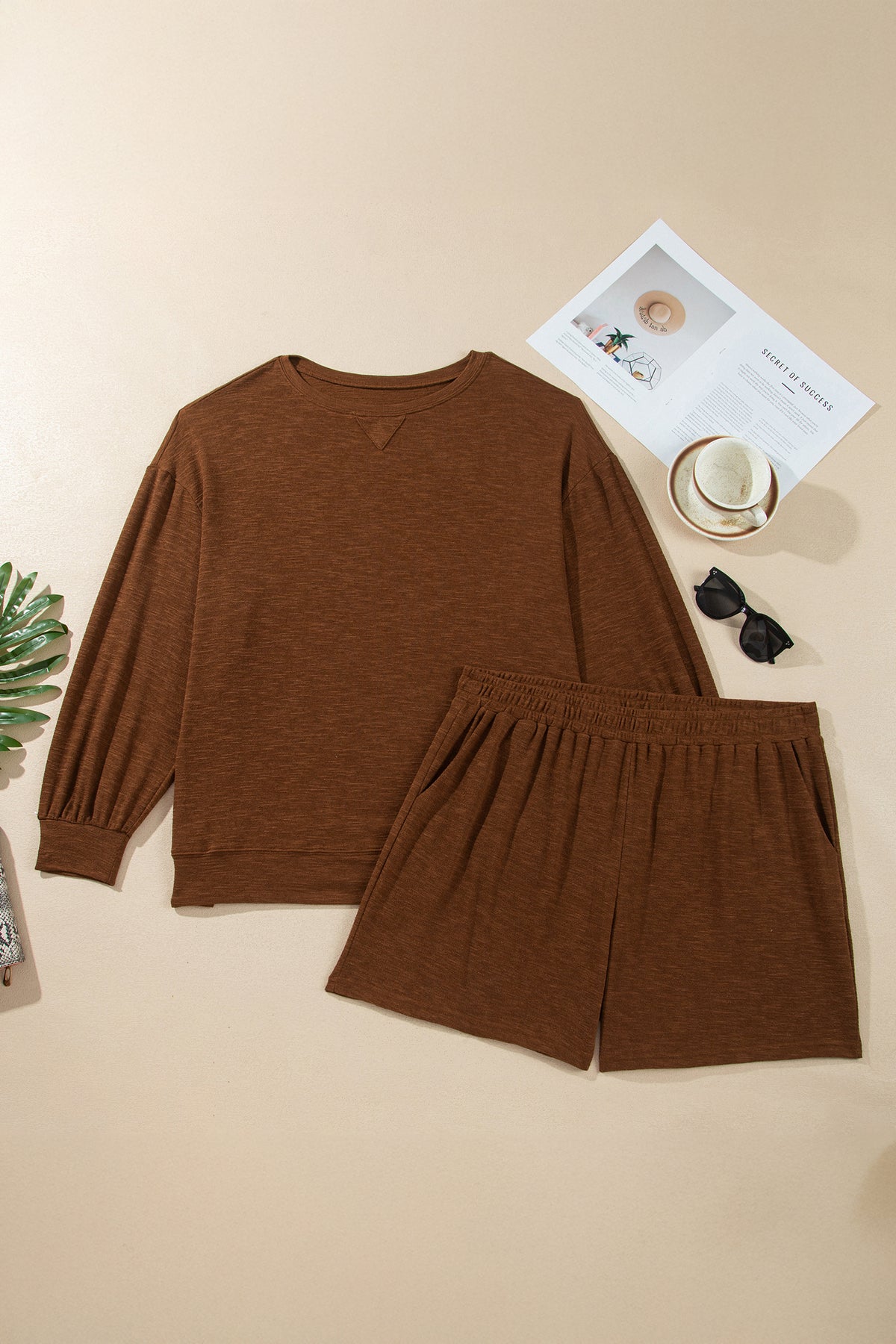 Chestnut Drop-Shoulder Long-Sleeve Top Elastic-Waist Shorts Plus Size Set