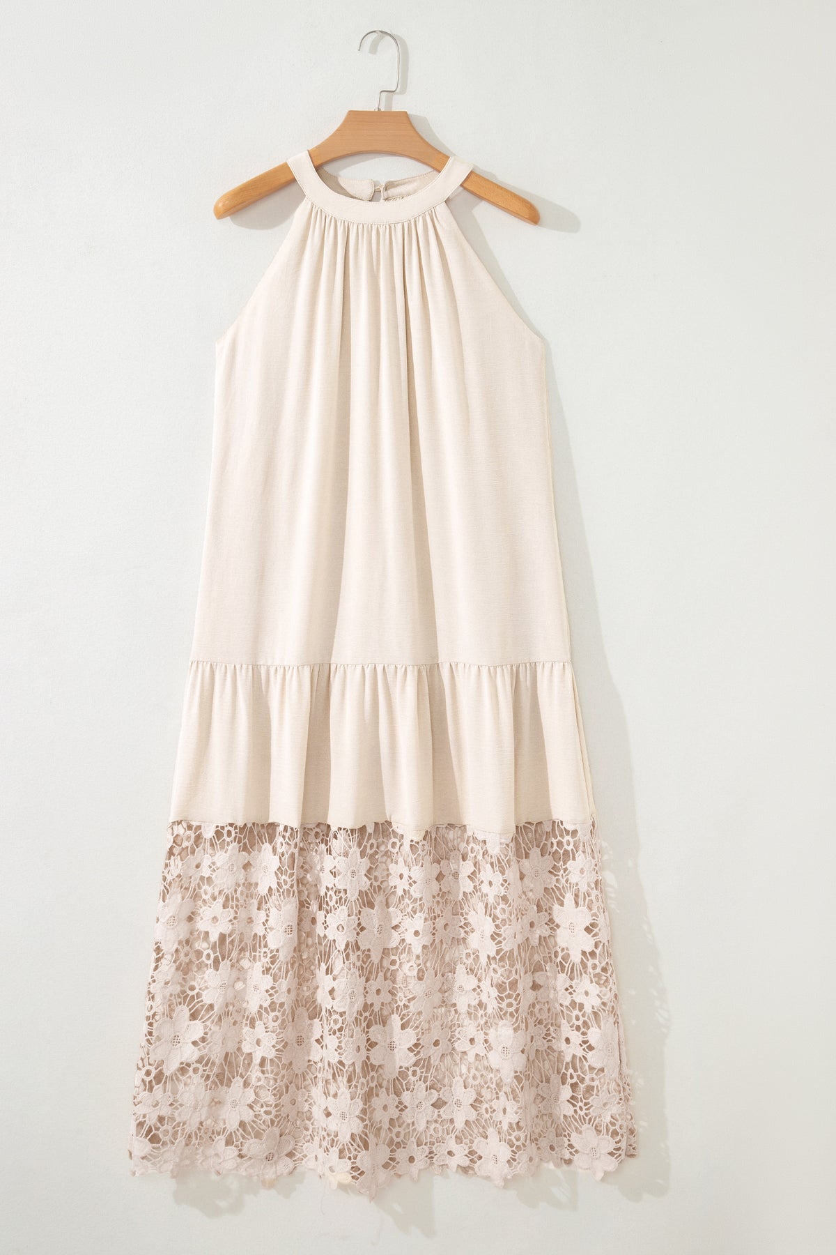 Beige Sheer Hollowed Floral Lace Hem Patchwork Halter Summer Dress