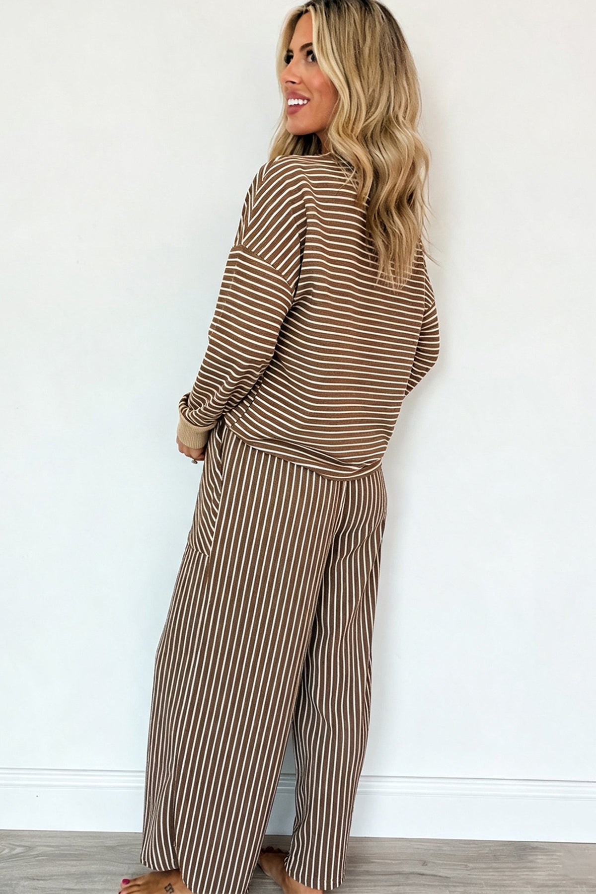 Black Stripe Twist Front Pullover and Pants Set