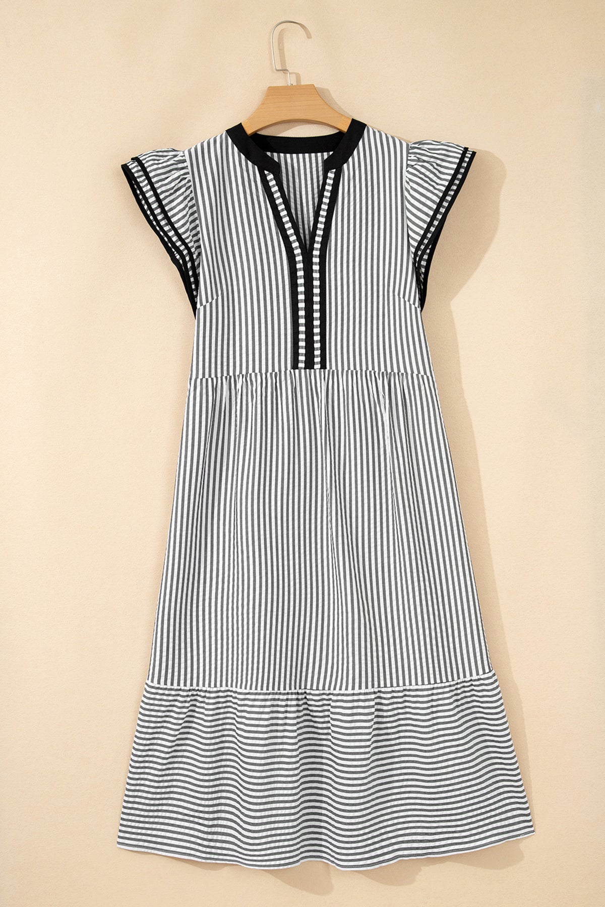 Black Stripe Contrast Trim V Neck Flutter Sleeve Long Dress