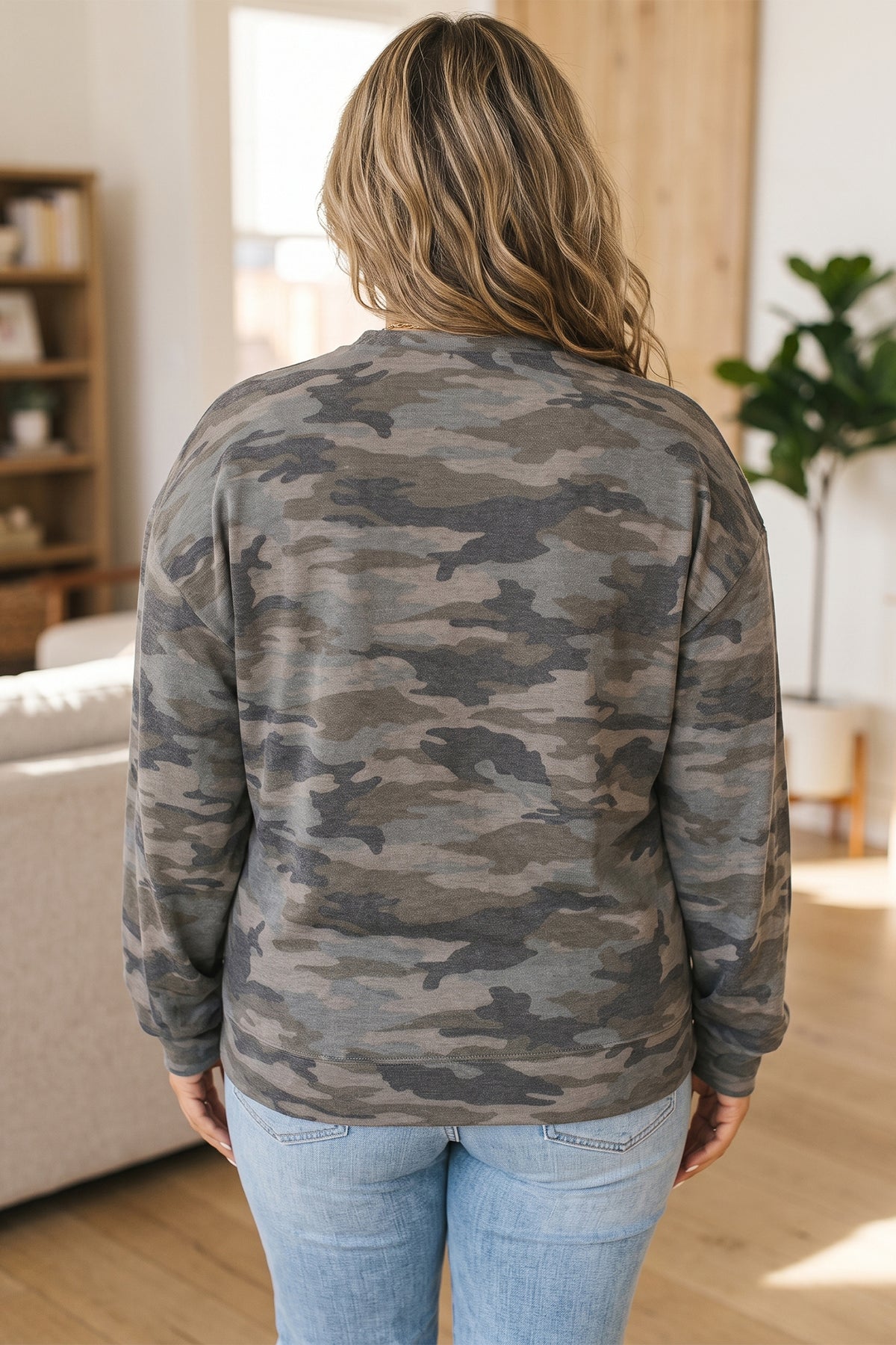 Green Camo Print Long-Sleeve Plus Size Blouse