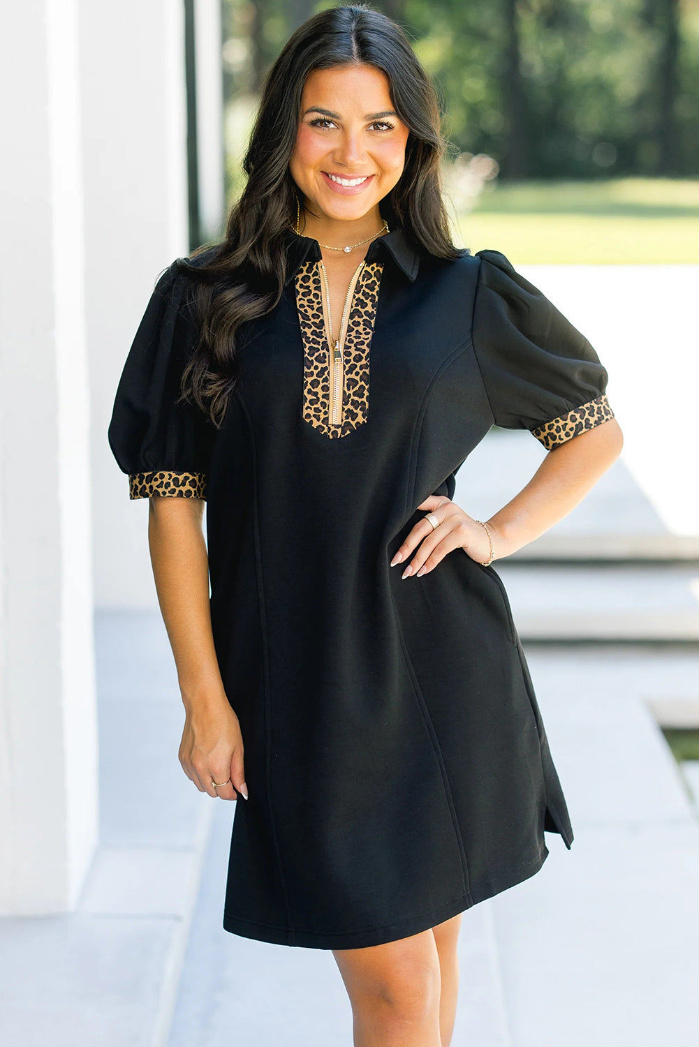 Black Leopard Patchwork Zip Short Puff Sleeve Shift Mini Dress