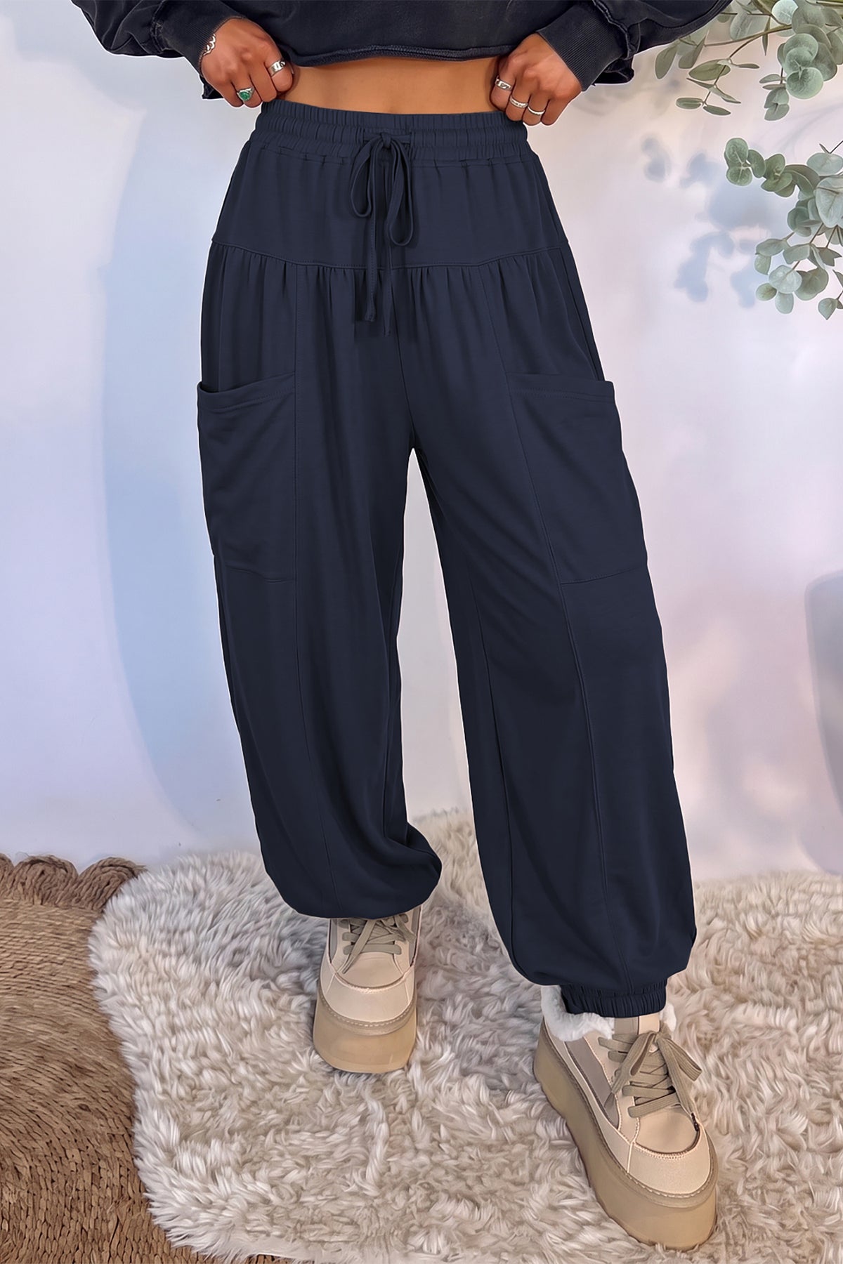 Dirty blue Elastic Waist Drawstring Wide Leg Full-Length Pants