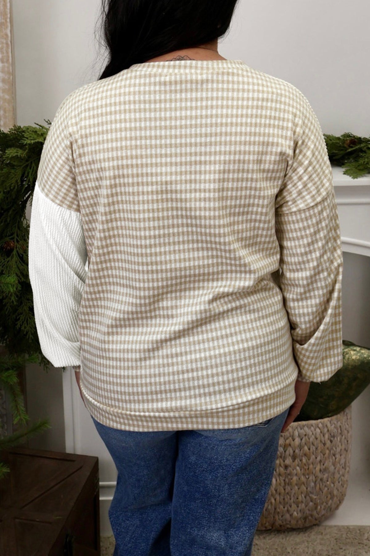 Khaki Patchwork Checkered Long-Sleeve Round-Neck Plus Size Blouse