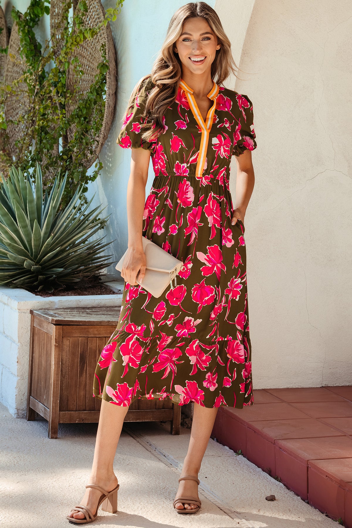 Green Floral Striped Split Neck Short Puff Sleeve Ruffle Hem Maxi Dress