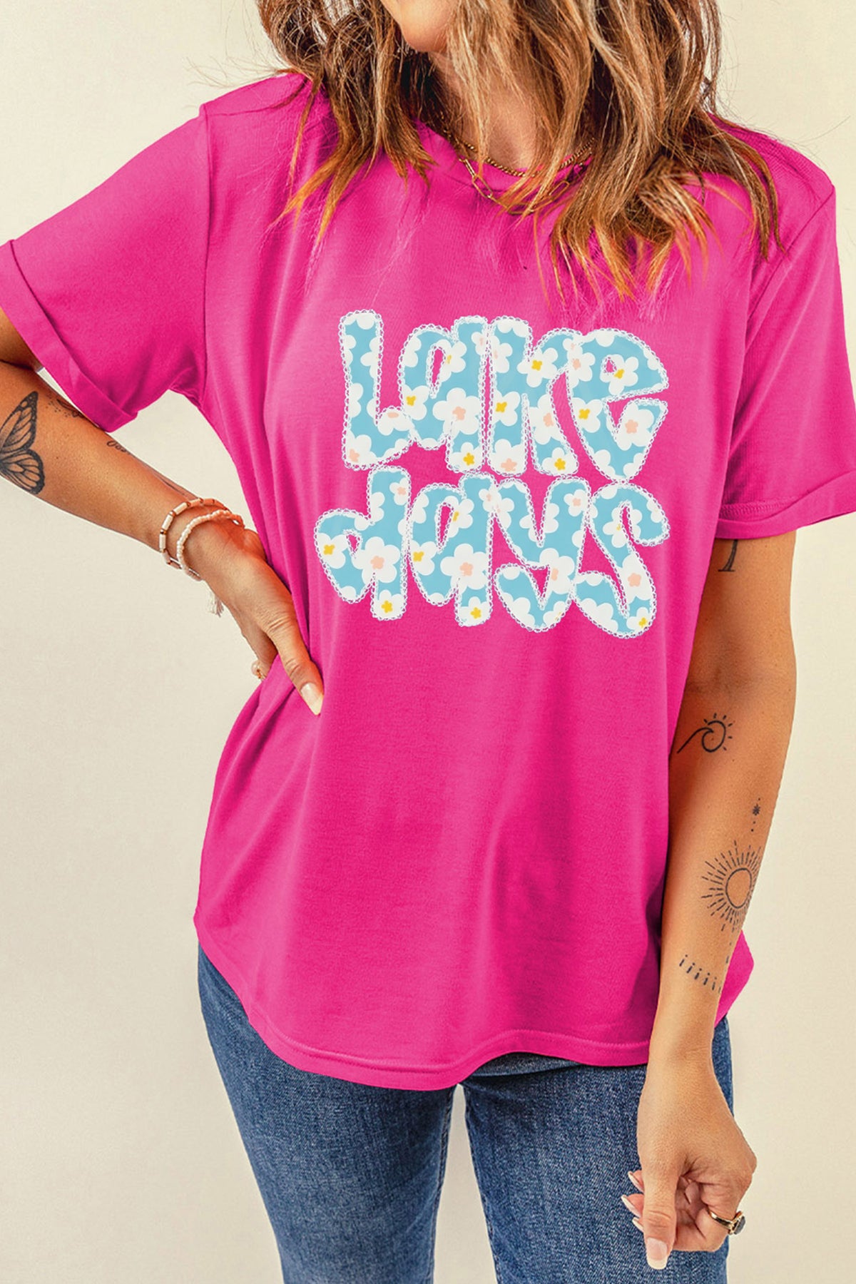 Rose Red LAKE DAYS Floral Lettering T-Shirt
