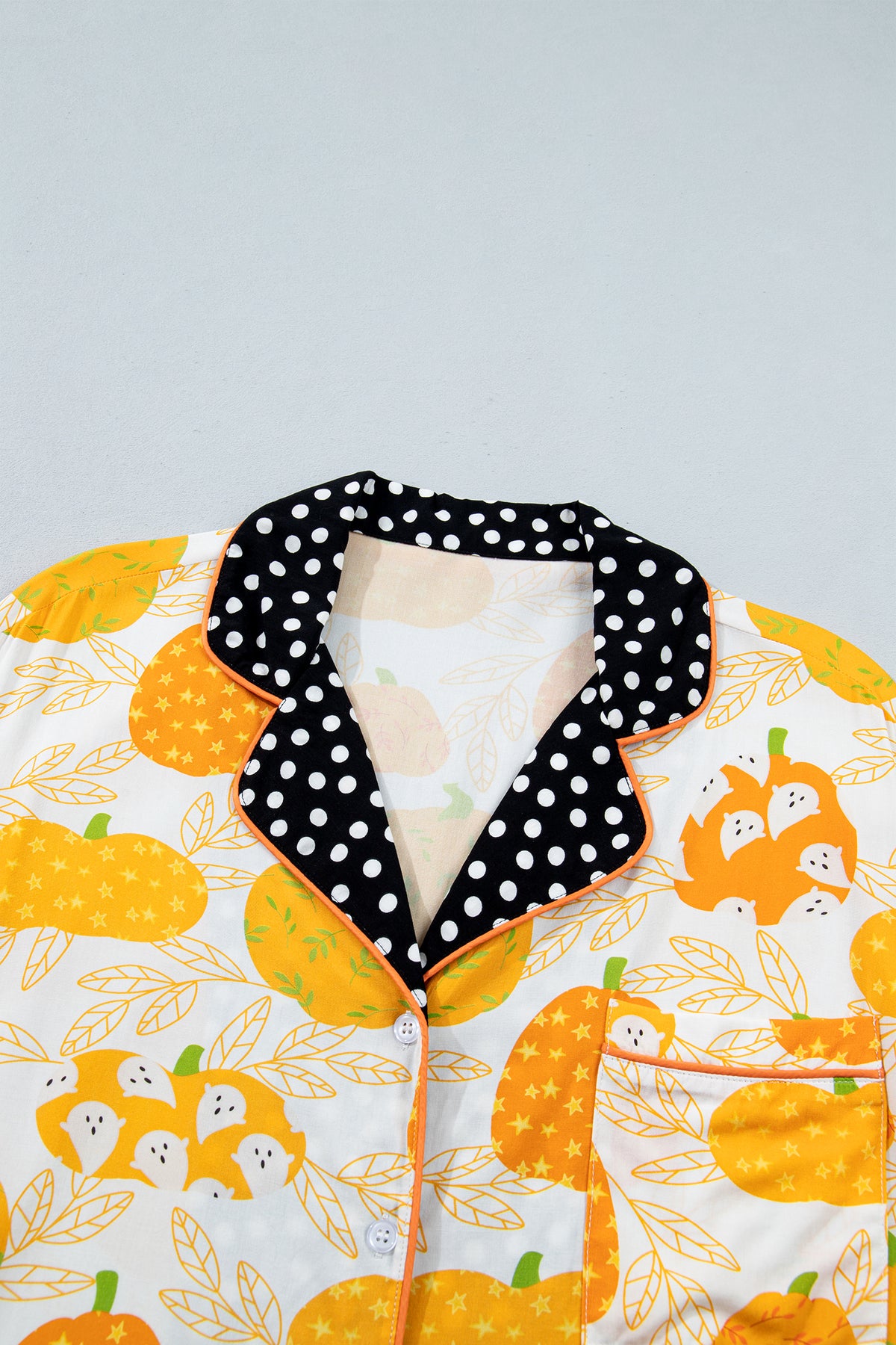 Orange Pumpkin Print Polka Dot Trim Short Sleeve Lounge Set