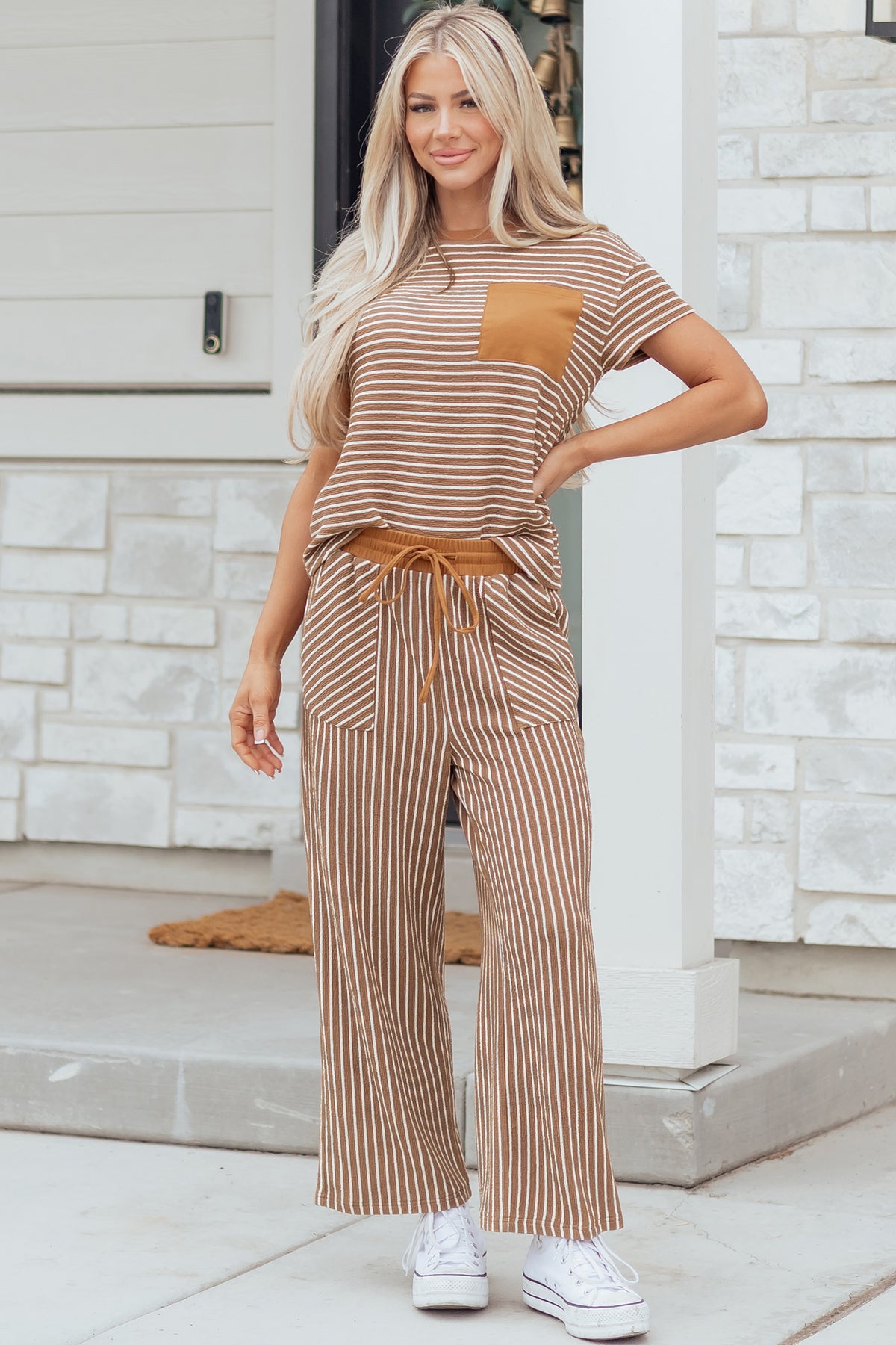 Women's Green Stripe Crewneck Tee Waist Cropped Pants Set