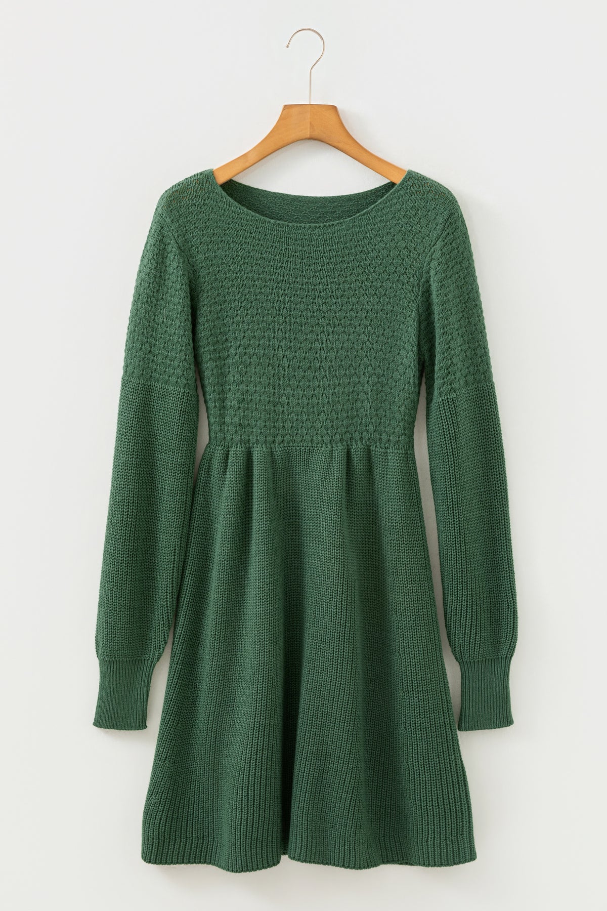 Mist Green Solid Lantern Sleeve Empire Waist Short Sweater Dress