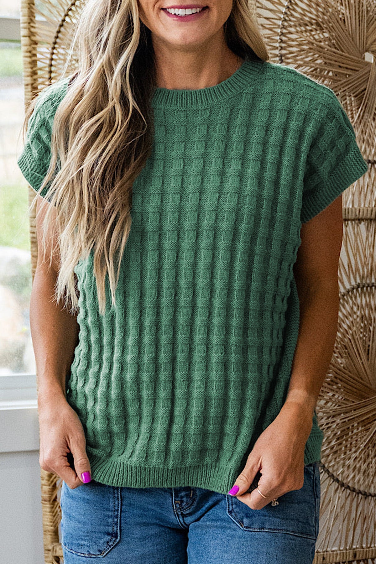 Black Solid Color Round Neck Textured Short Sleeve Sweater
