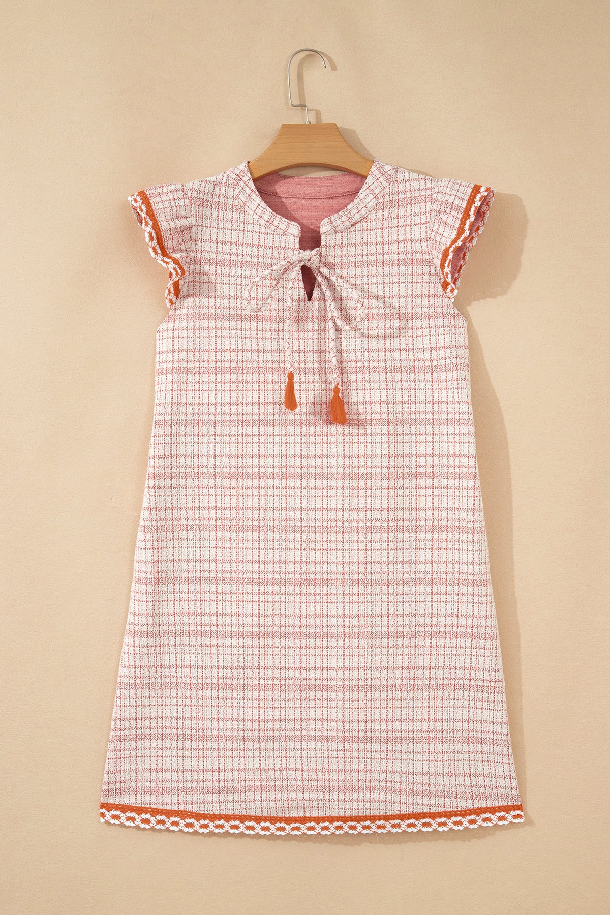 White Jacquard Textured Short Sleeve Tassel Tie Shift Dress