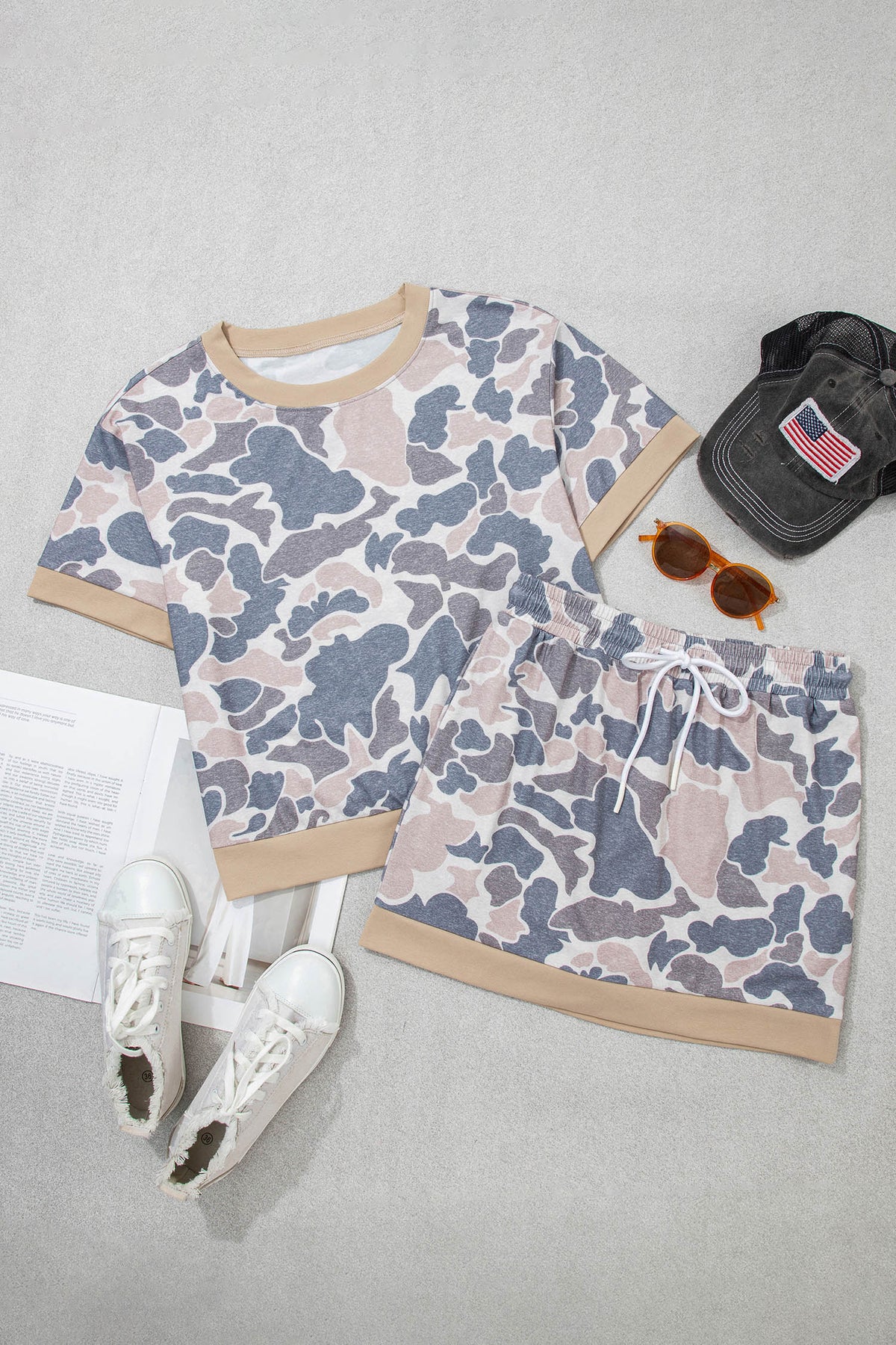 Women's Multicolour Retro Camouflage Color Block Trim Skort Two-Piece Outfit Set