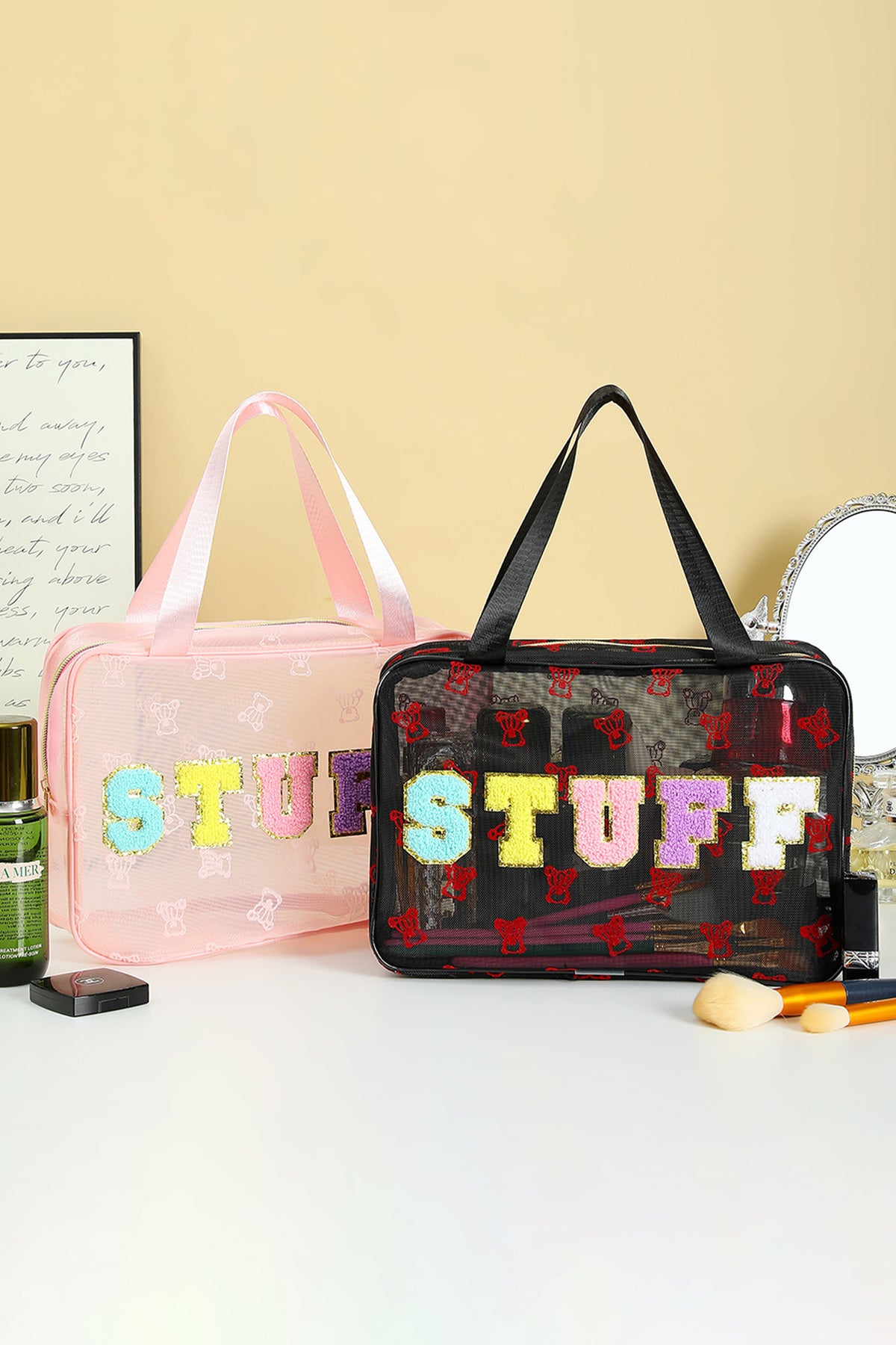 Black STUFF Chenille Letter Patched Teddy Bear Mesh Lightweight Makeup Bag