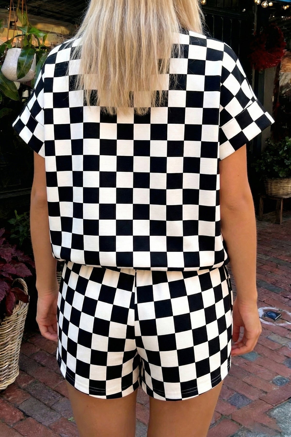 Women's Pink Checkered Print Color Block Trim Mock Neck Shorts Two-Piece Set