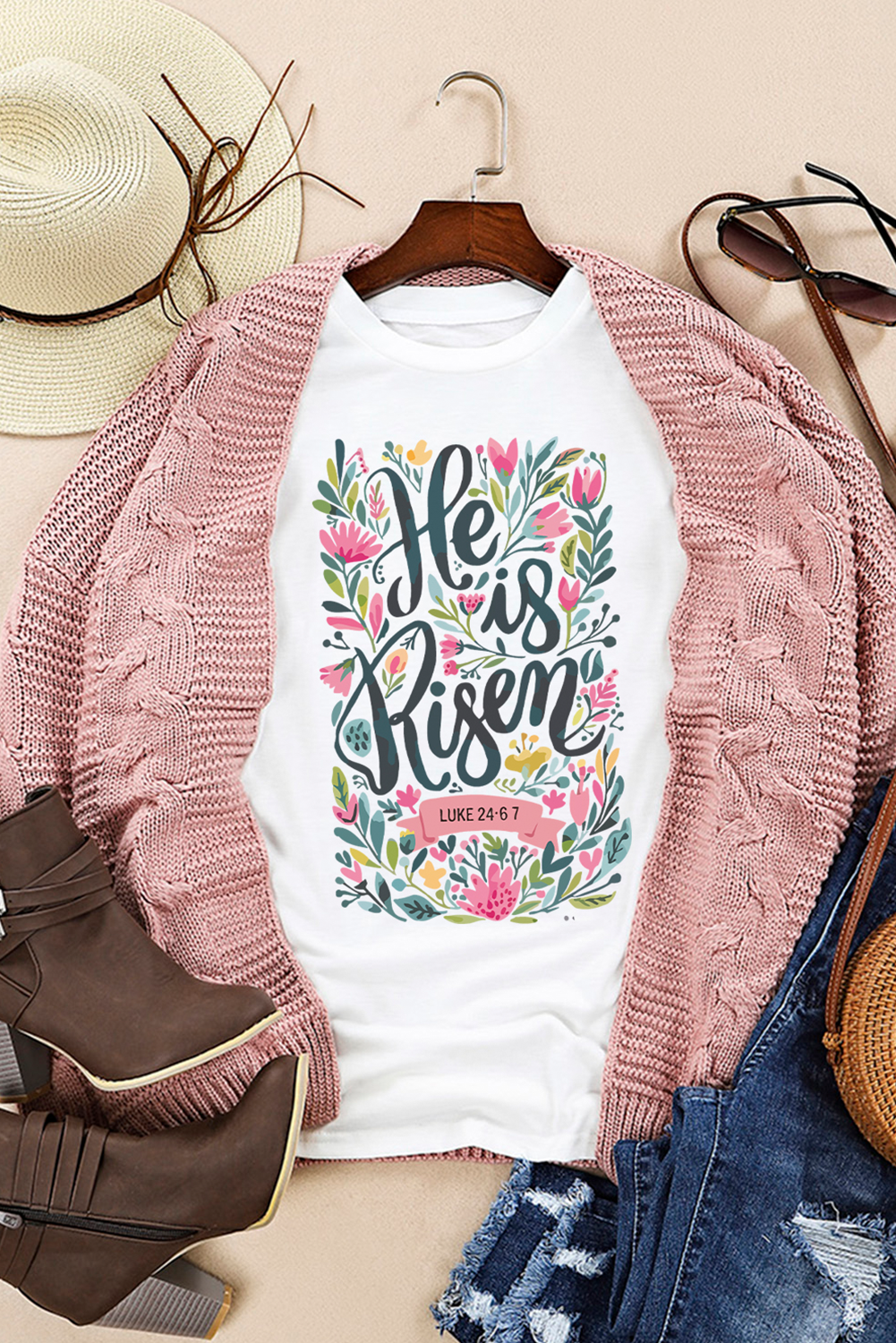 White He is Risen Floral Printed T-Shirt