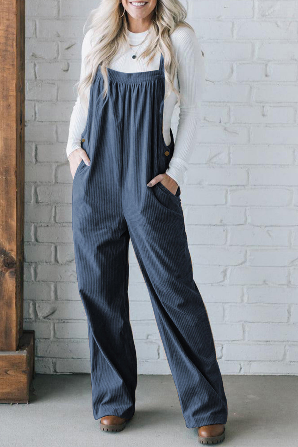 Real Teal Button Adjustable Straps Solid Corduroy Jumpsuit