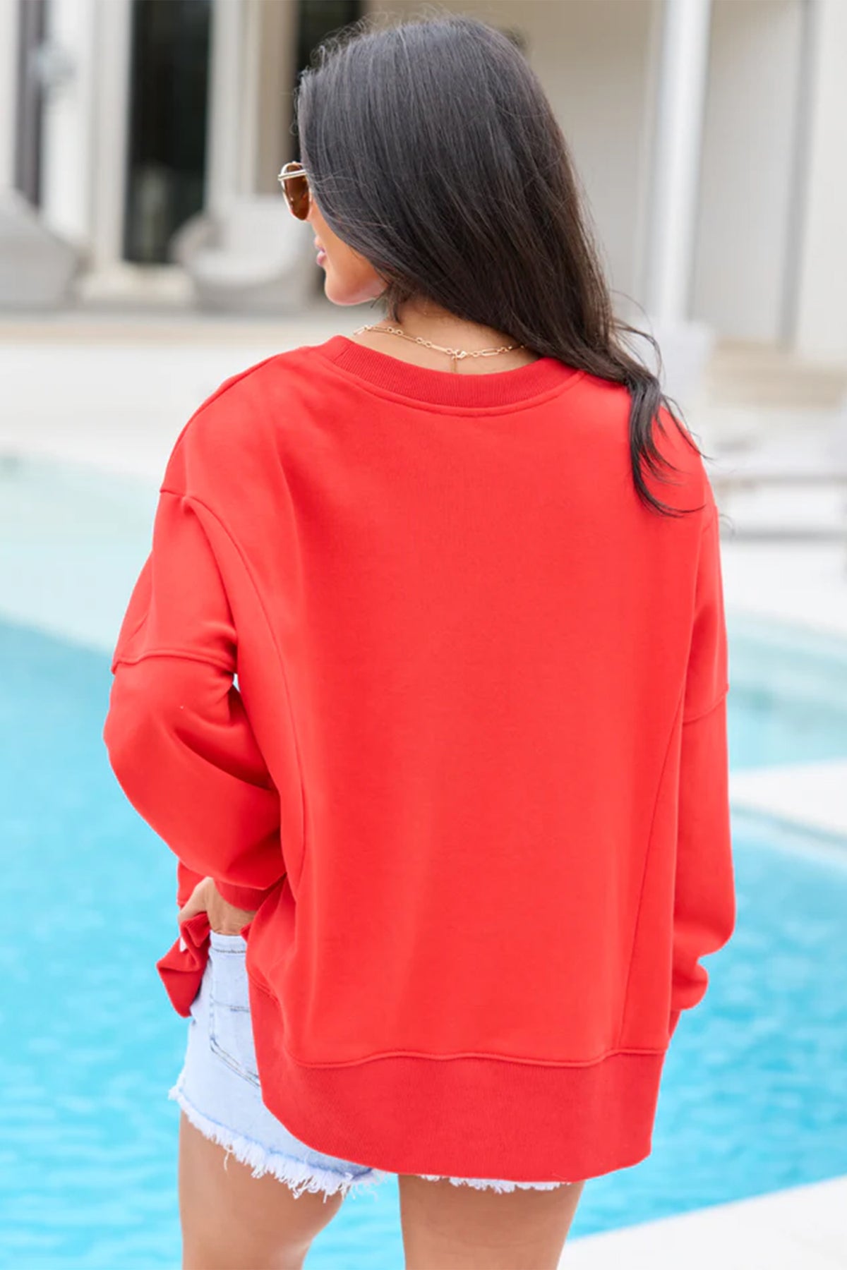 Fiery Red Patch Embroidery Star Color-Block Plus Size Sweatshirt