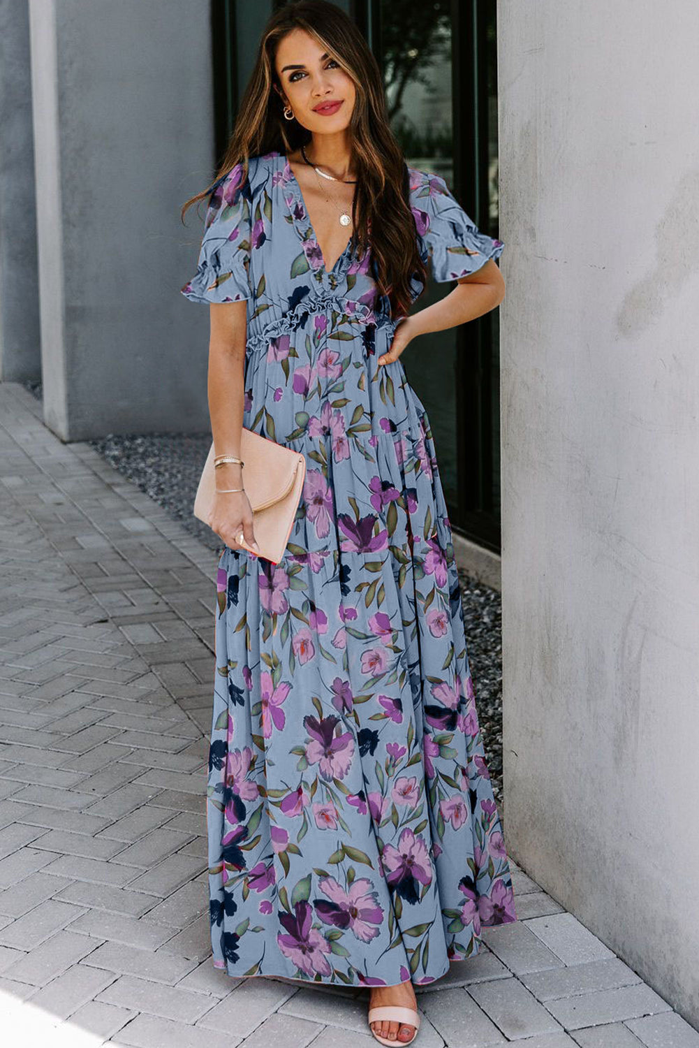Sky Blue Fiery Floral Print V Neck Short Sleeve Maxi Dress