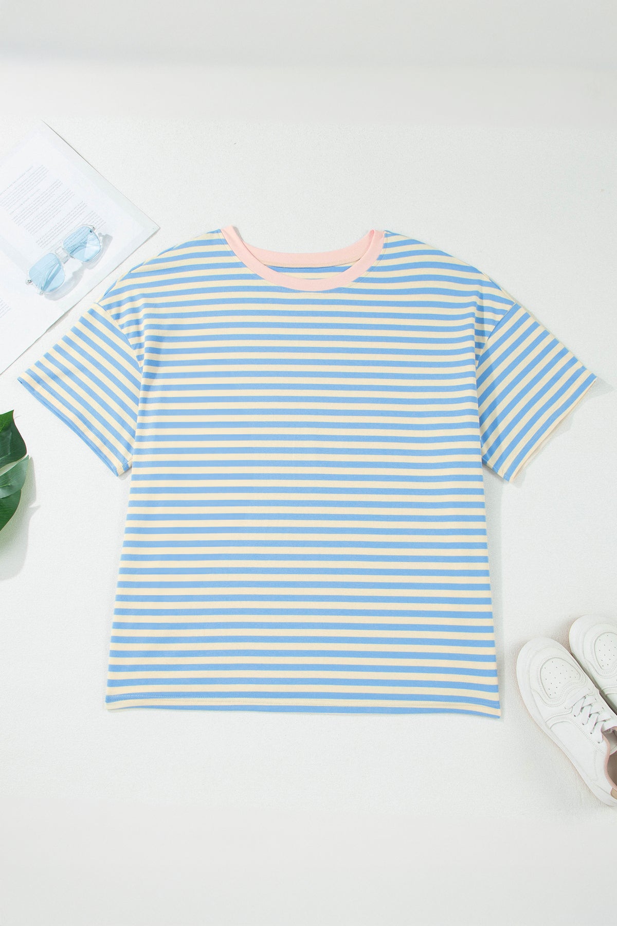 Sky Blue Stripe Plus Size Drop-Shoulder Contrast Trim Round-Neck Tee