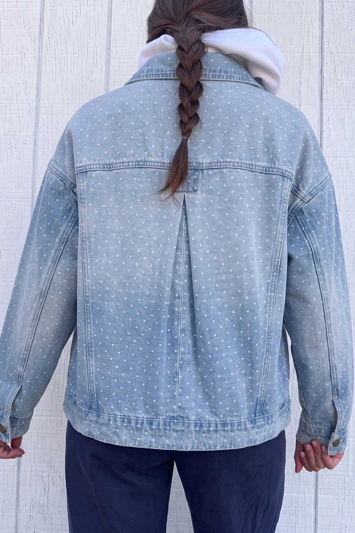Sky Blue Polka Dot Long Sleeve Collar Pocket Denim Jacket