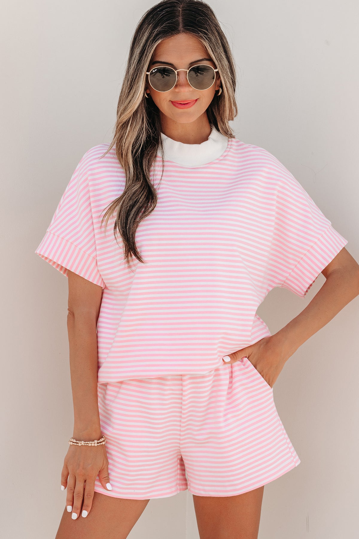 Women's Sky Blue Stripe Cuffed Sleeve Contrast Mock Neck Tee Two-Piece Shorts Two-Piece Set