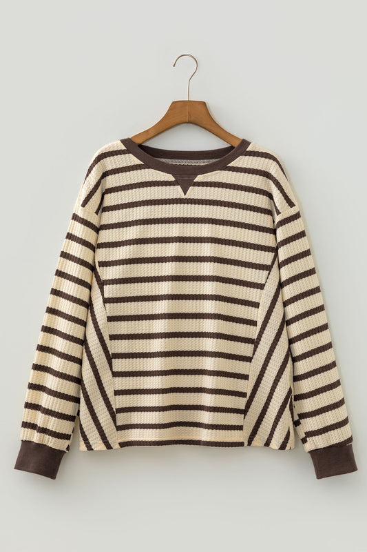Brown Stripe Patchwork Ribbed Cuff Sweatshirt