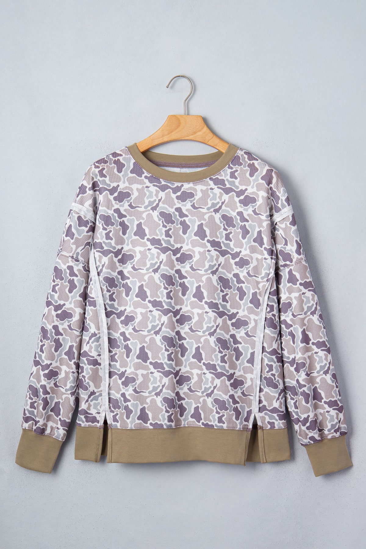 Khaki Camouflage Print Textured Knit Color Block Trim Top