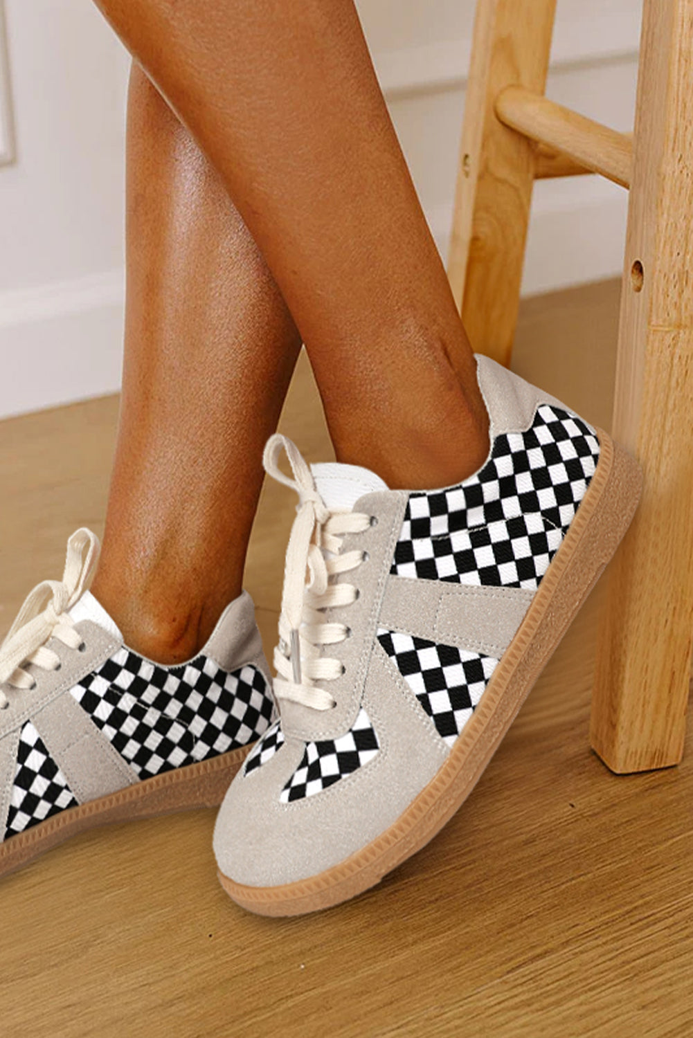 Black Checkerboard Patchwork Lace-up Flat Leatherette Sneakers