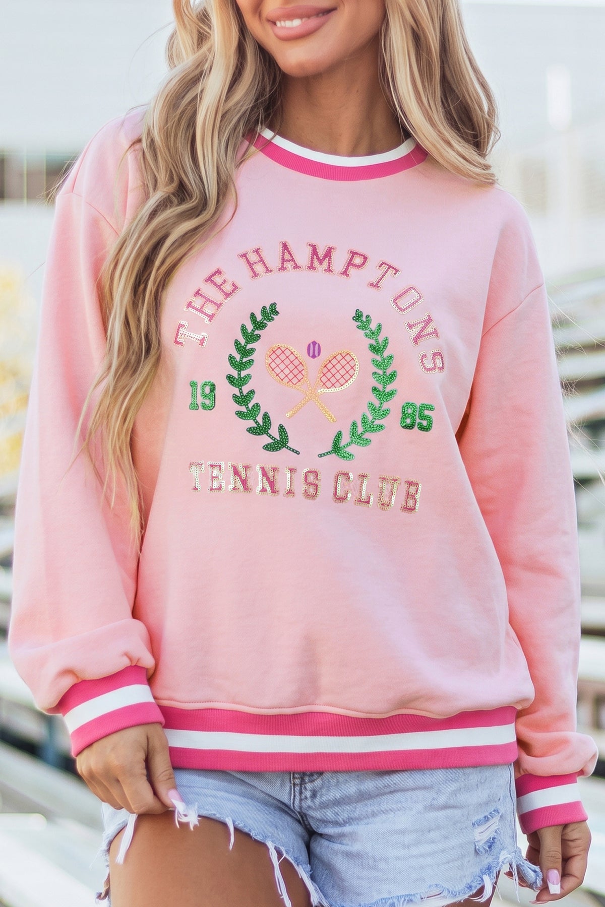 Pink Embroidered Tennis Club Crew Neck Sweatshirt