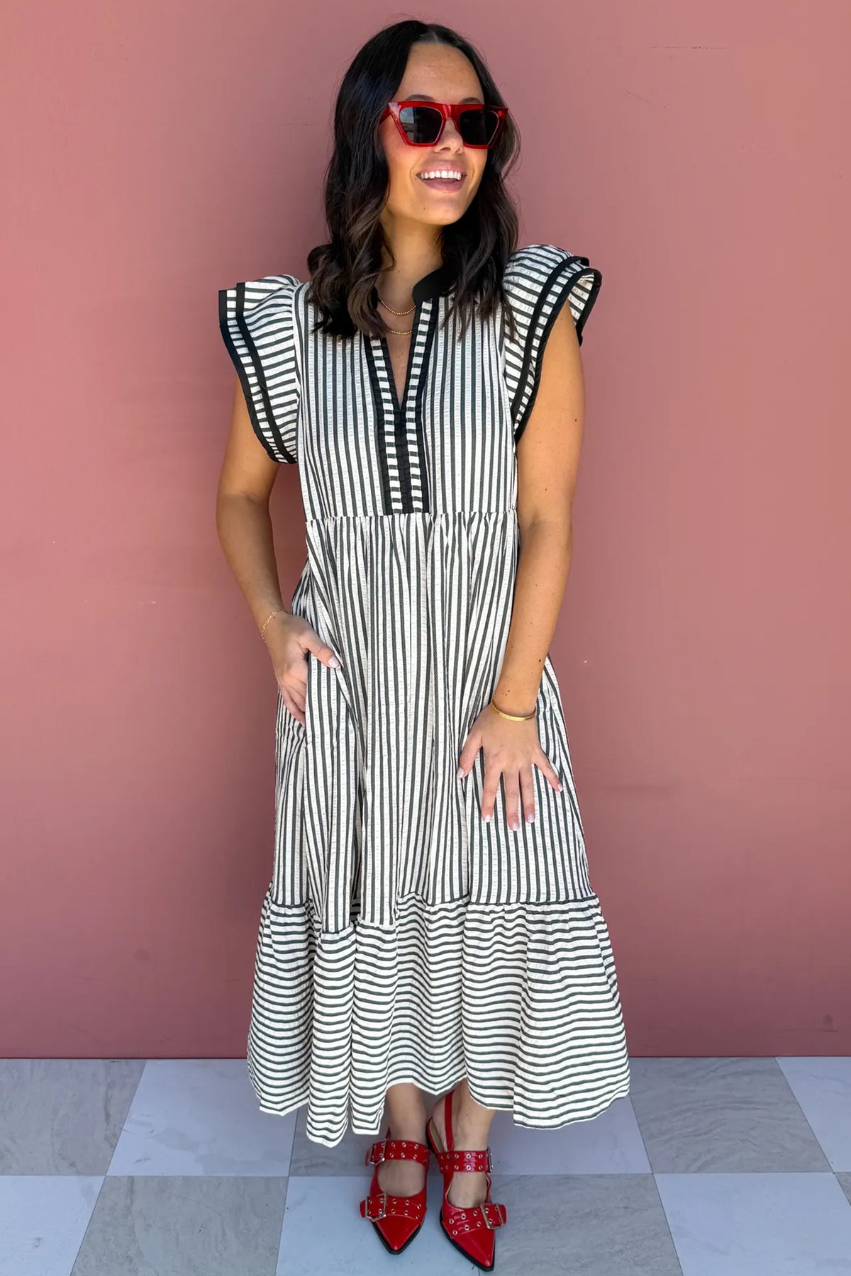 Brown Stripe Plus Size Slit V-Neck Tiered Flutter Sleeve Maxi Dress