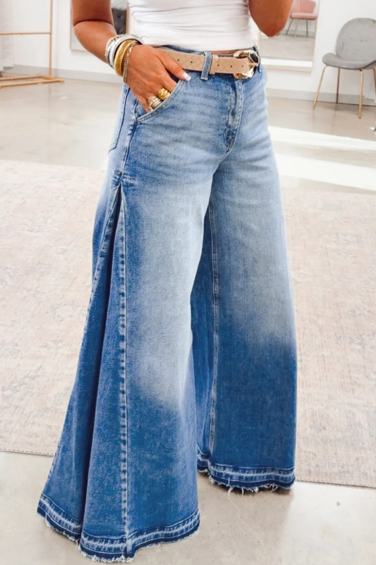 Myosotis Side Seam Gathering Flare Leg Daily Full-length Denim Jeans