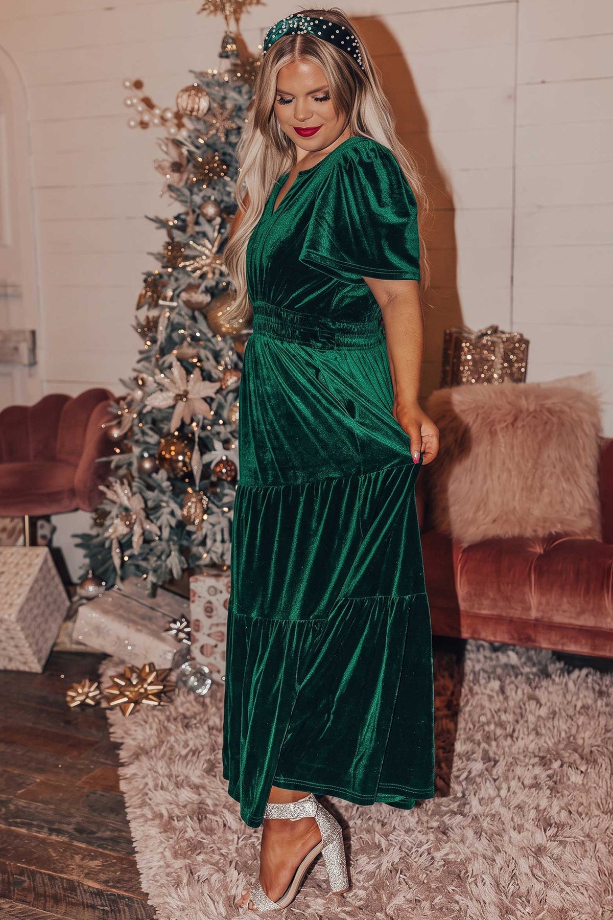 Blackish Green Velvet Shirred Waist Tiered Plus Size Dress