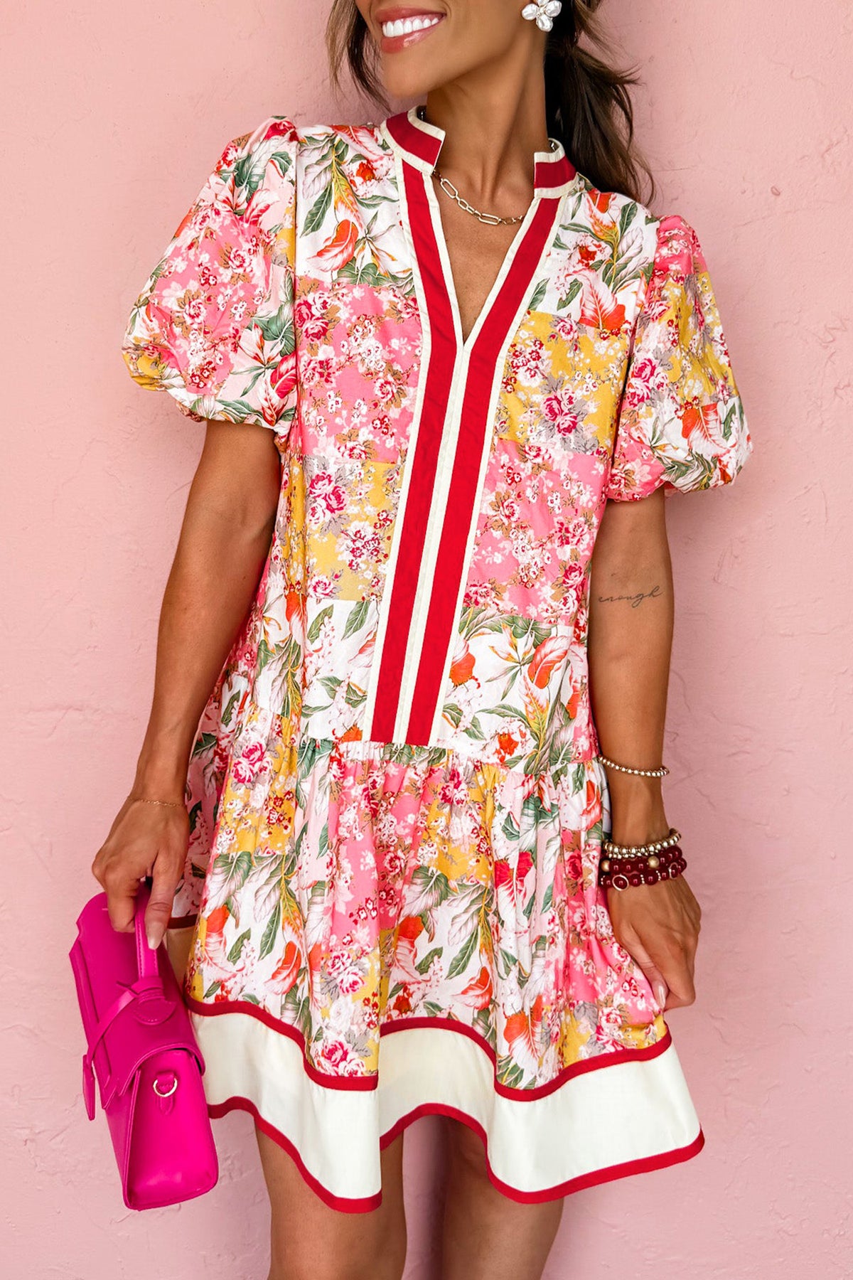 Pink Floral Ruffle V-Neck Mini Dress