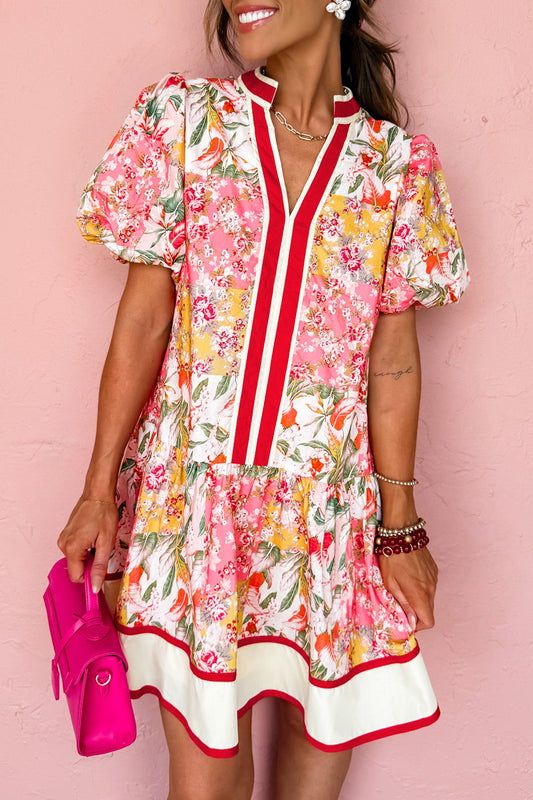 Pink Floral Ruffle V-Neck Mini Dress