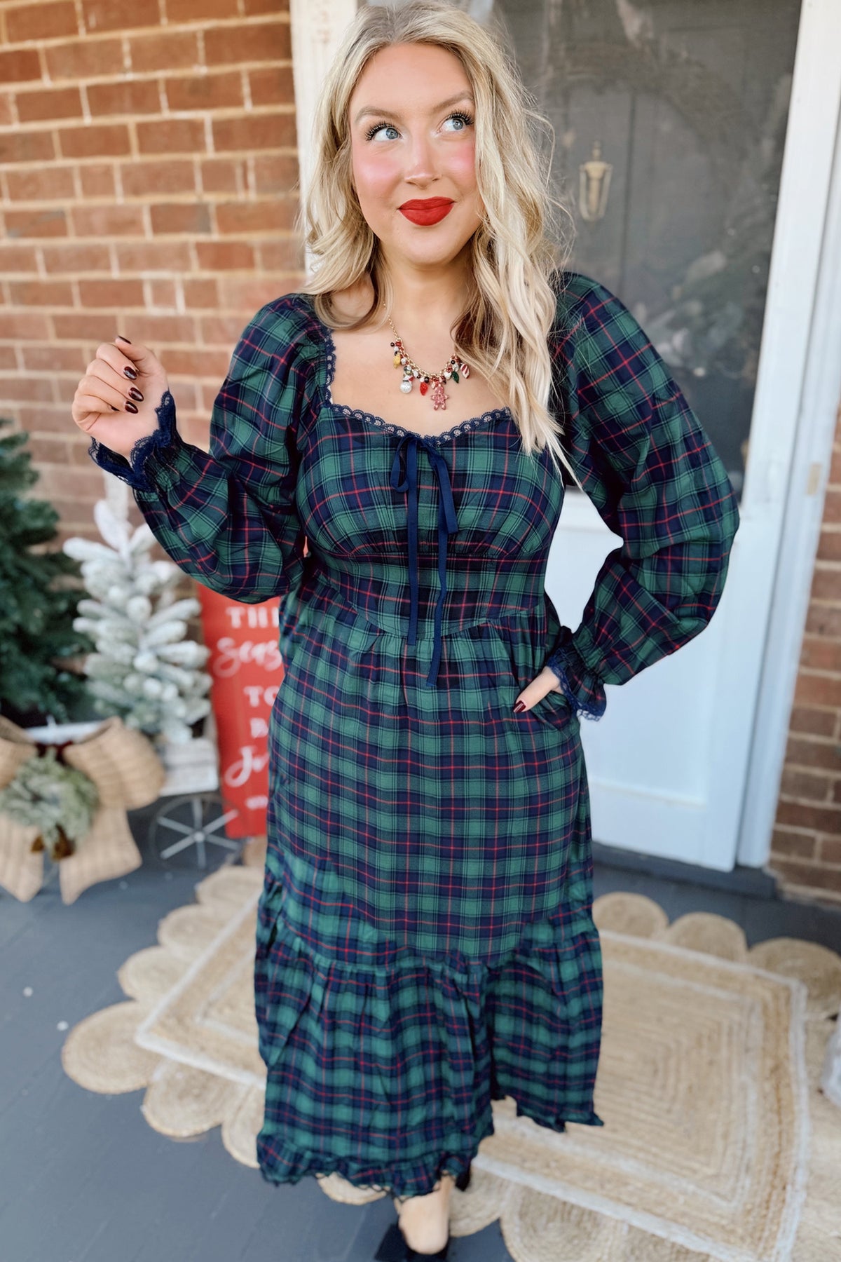 Green Plaid Lace Square-Neck Maxi Dress