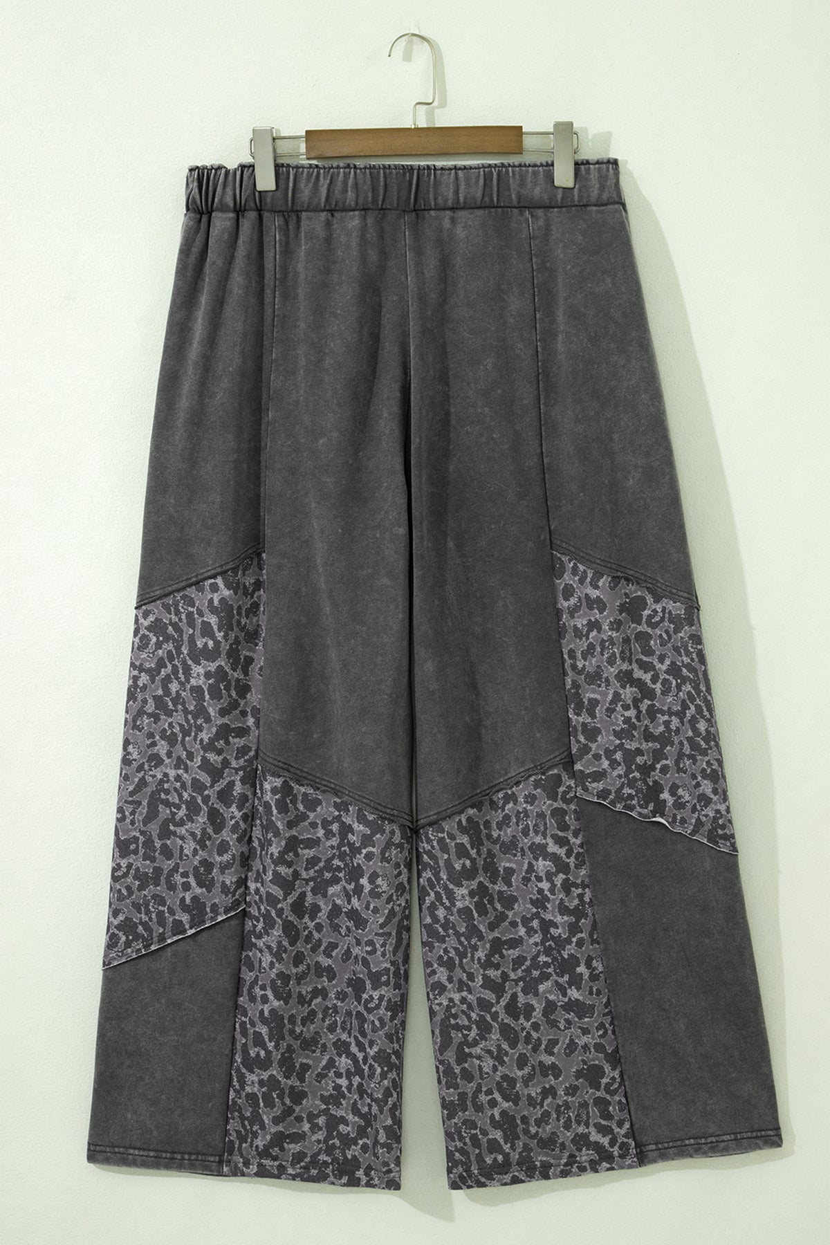 Dark Grey Plus Size Leopard Patchwork Mineral-Wash Wide-Leg Pants