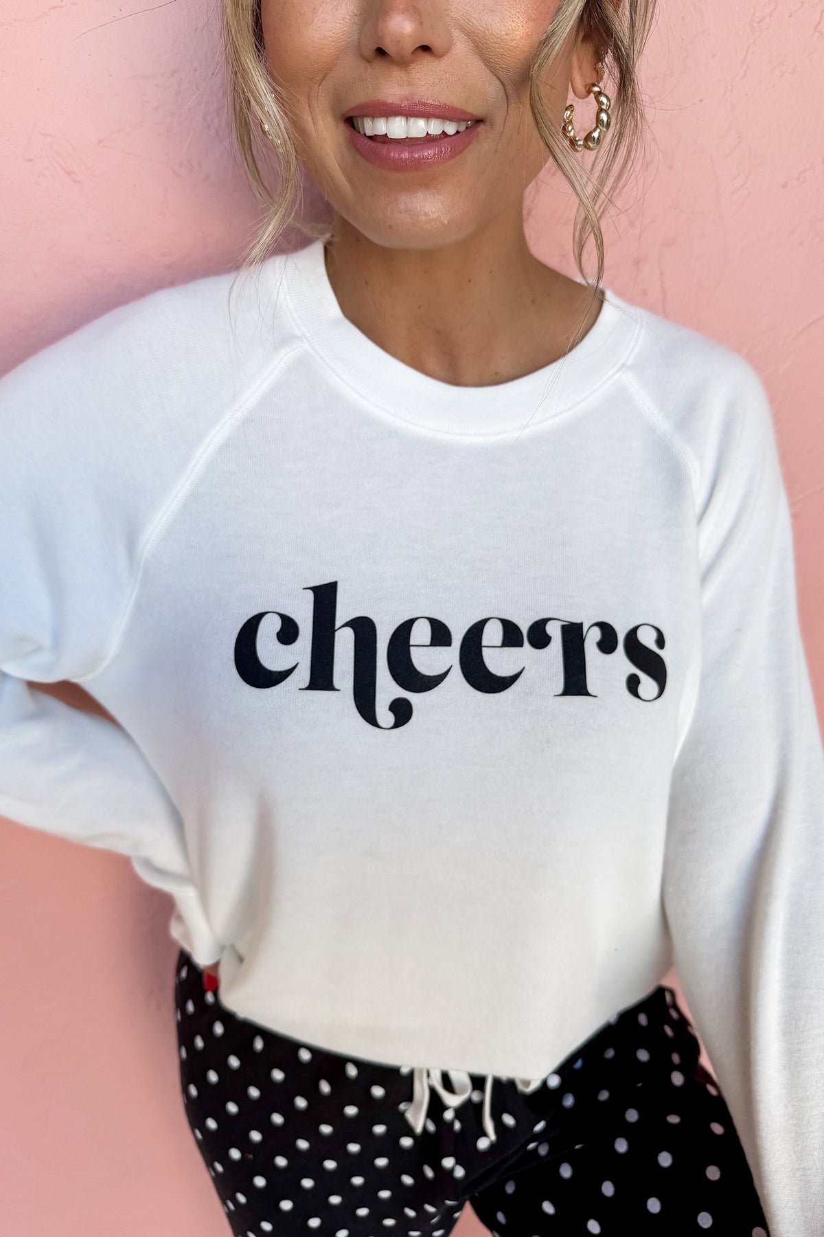 Black Cheers Graphic Raglan Pullover and Polka Dot Pants Lounge Set