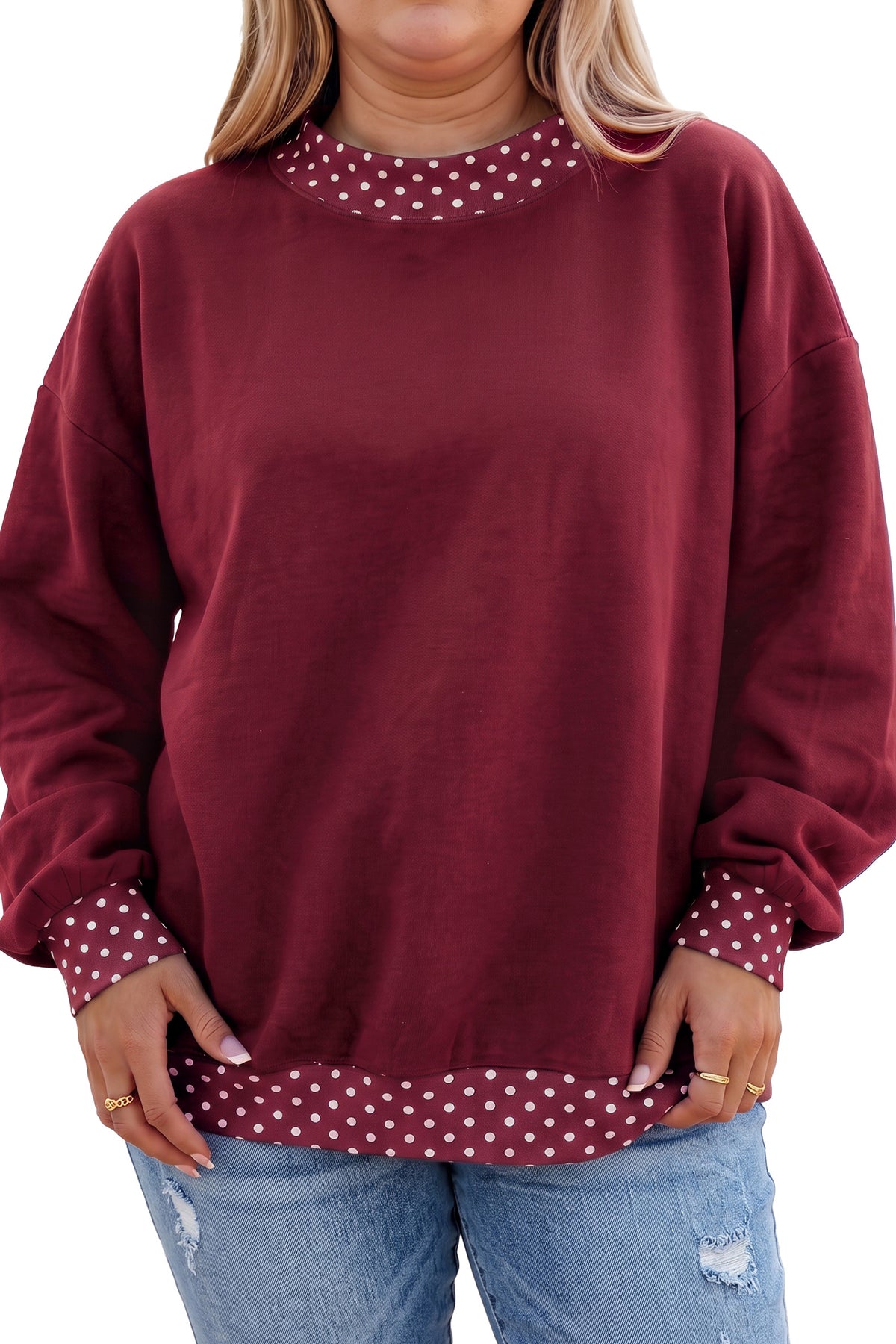 Brown Polka Dot Patchwork Round Neck Plus Size Sweatshirt
