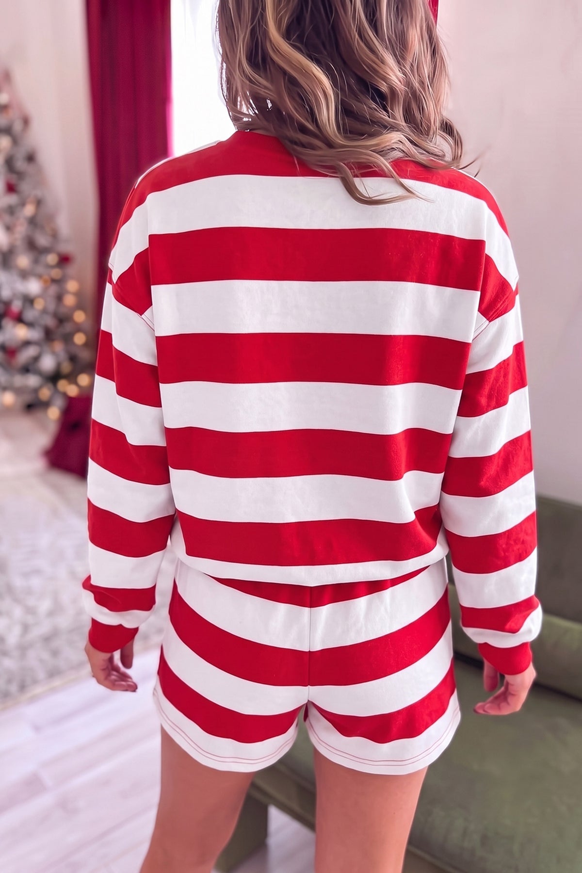 Pink Stripe Holly Jolly Embroidery Long Sleeve Shorts Two Piece Set